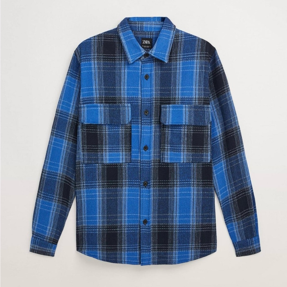Zara Plaid Flannel Shirt Blue Black‎ Relaxed Fit Sz M